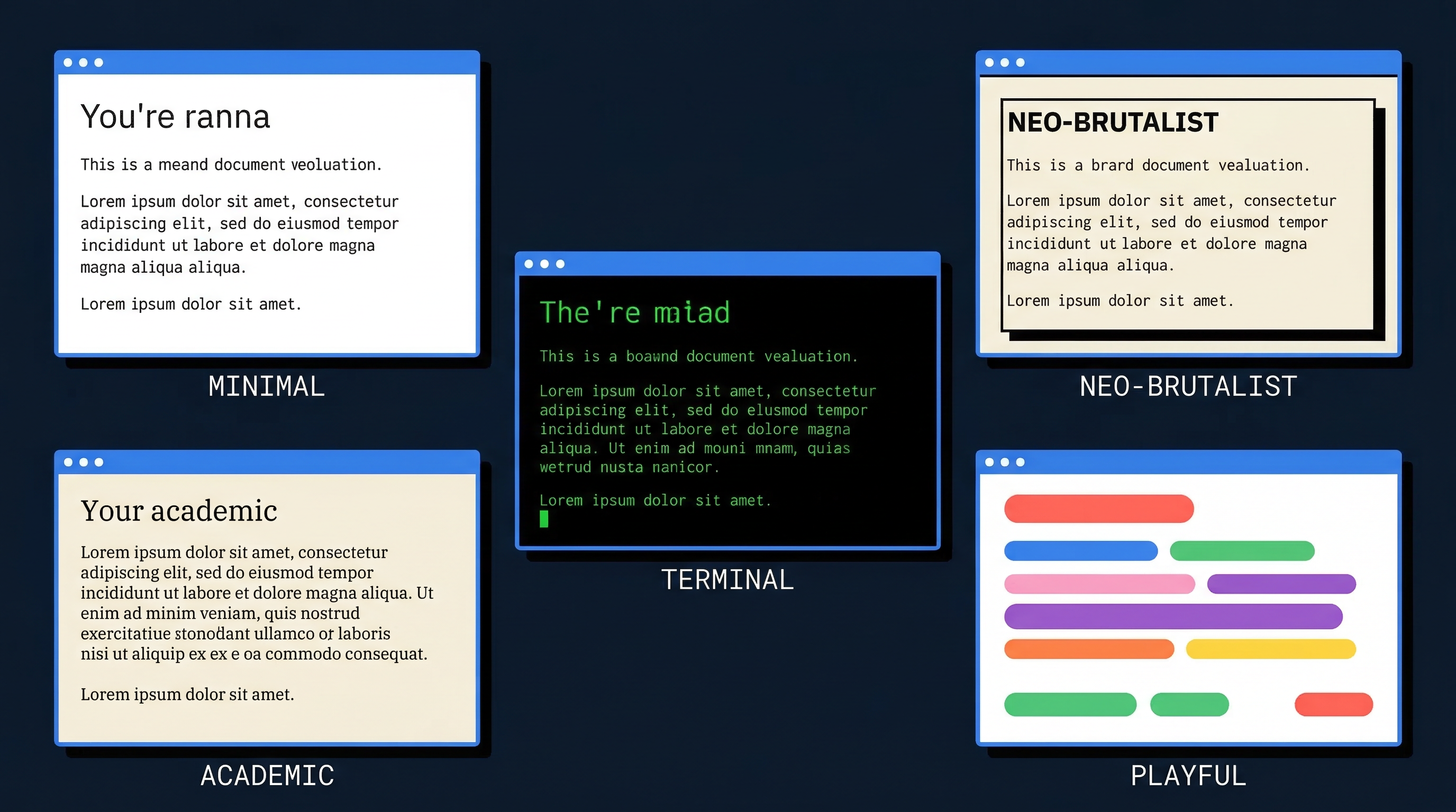 Five mDrop themes: Clean, Brutalist, Terminal, Academic, Playful